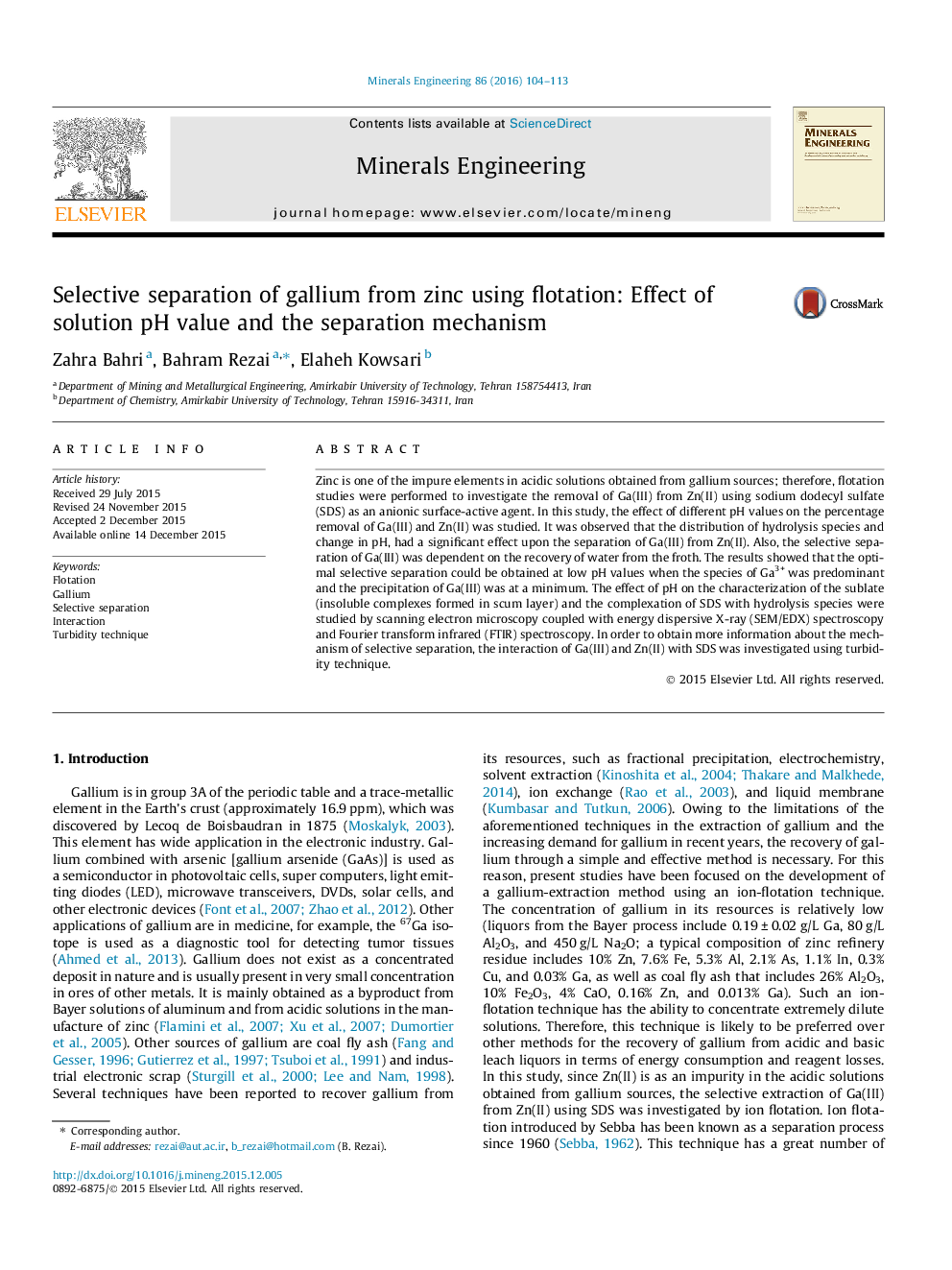 Selective separation of gallium from zinc using flotation: Effect of solution pH value and the separation mechanism