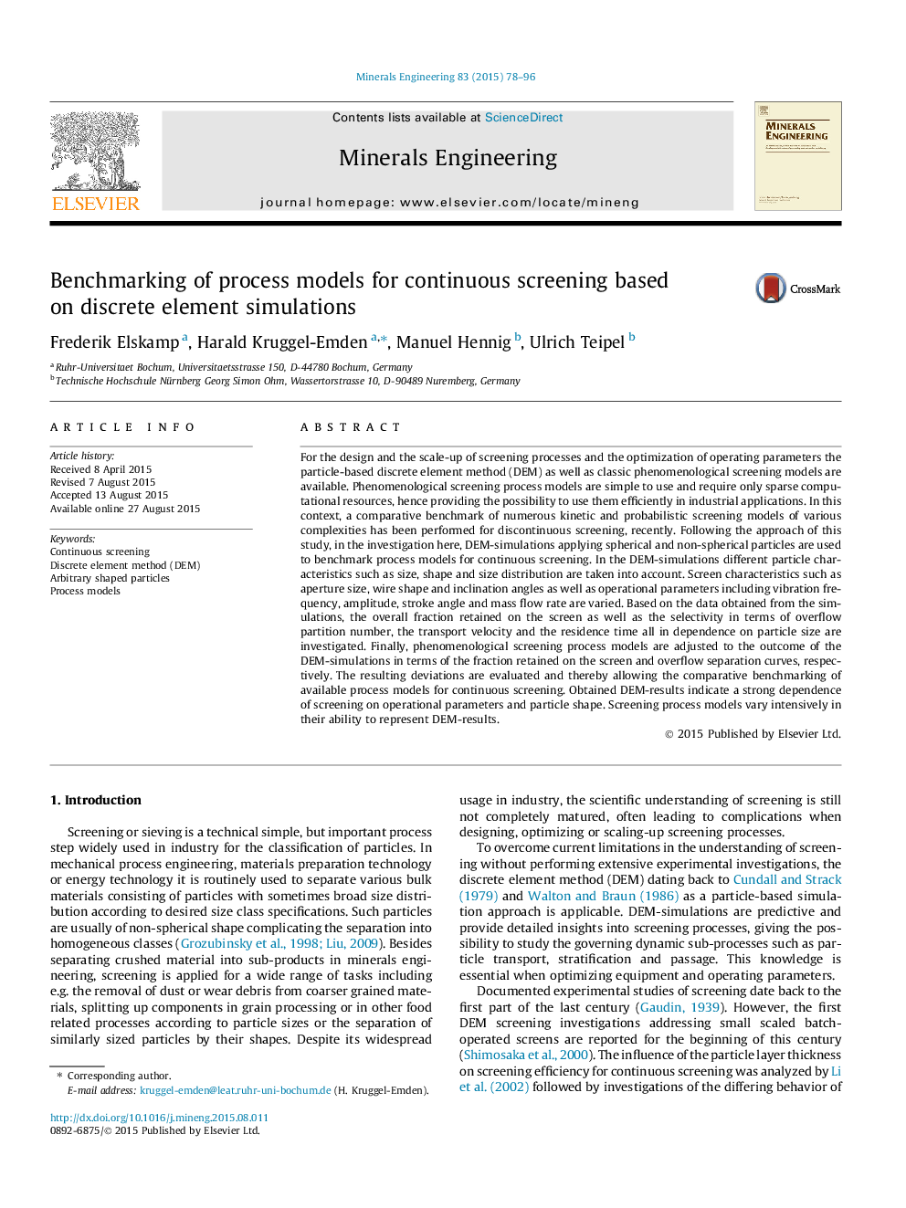 Benchmarking of process models for continuous screening based on discrete element simulations