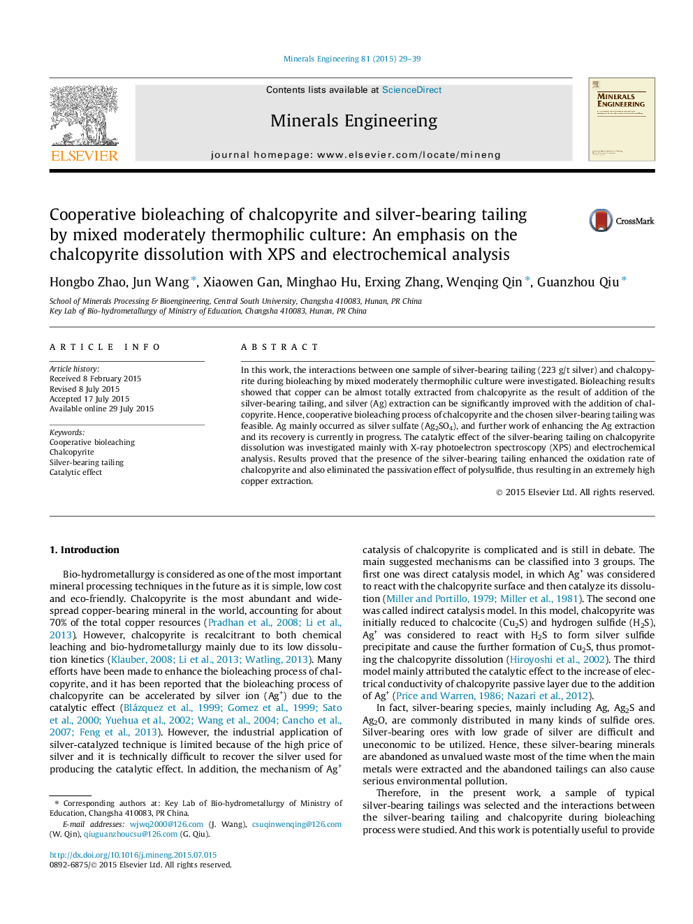 Cooperative bioleaching of chalcopyrite and silver-bearing tailing by mixed moderately thermophilic culture: An emphasis on the chalcopyrite dissolution with XPS and electrochemical analysis