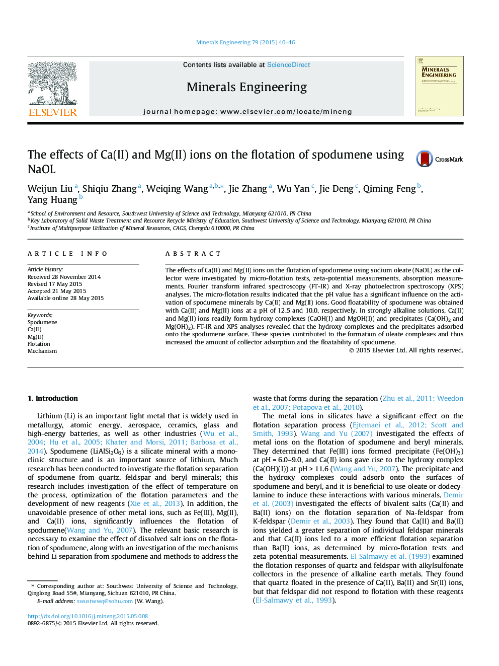 The effects of Ca(II) and Mg(II) ions on the flotation of spodumene using NaOL