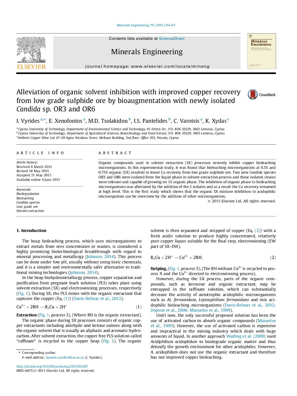 Alleviation of organic solvent inhibition with improved copper recovery from low grade sulphide ore by bioaugmentation with newly isolated Candida sp. OR3 and OR6