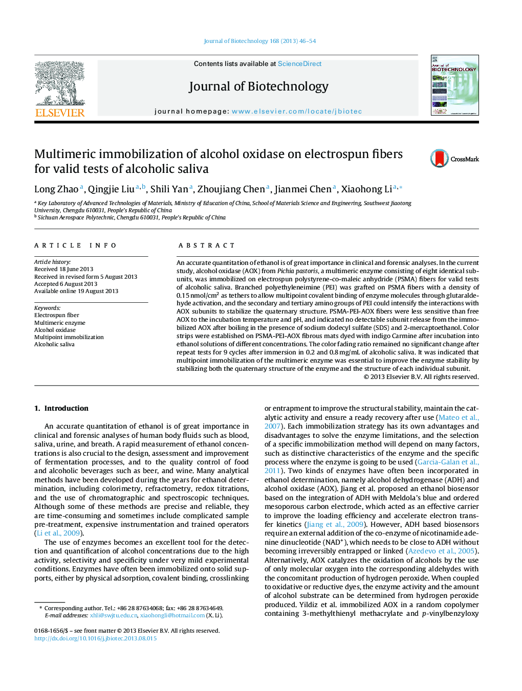 Multimeric immobilization of alcohol oxidase on electrospun fibers for valid tests of alcoholic saliva