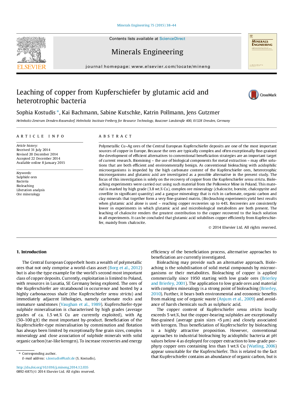 Leaching of copper from Kupferschiefer by glutamic acid and heterotrophic bacteria