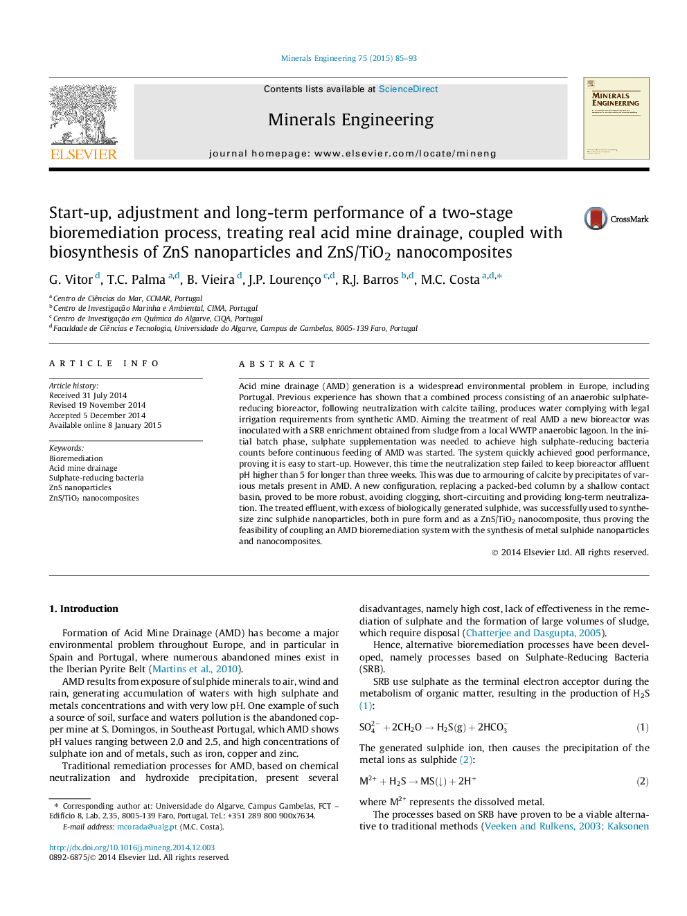 Start-up, adjustment and long-term performance of a two-stage bioremediation process, treating real acid mine drainage, coupled with biosynthesis of ZnS nanoparticles and ZnS/TiO2 nanocomposites