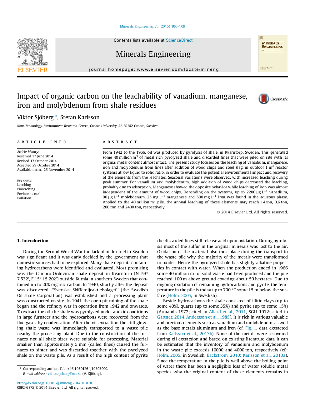 Impact of organic carbon on the leachability of vanadium, manganese, iron and molybdenum from shale residues