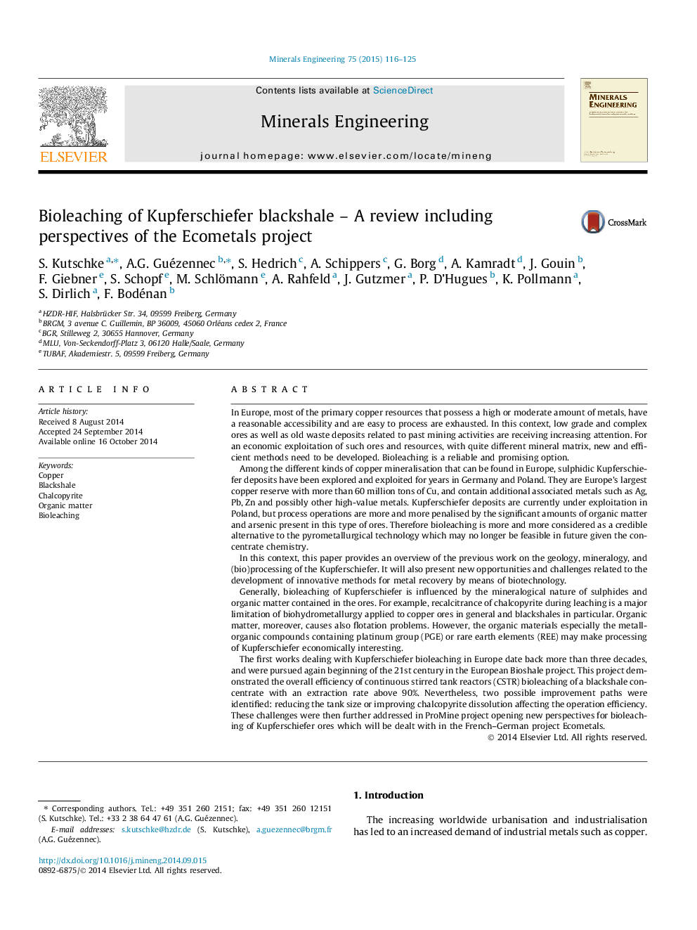 Bioleaching of Kupferschiefer blackshale – A review including perspectives of the Ecometals project