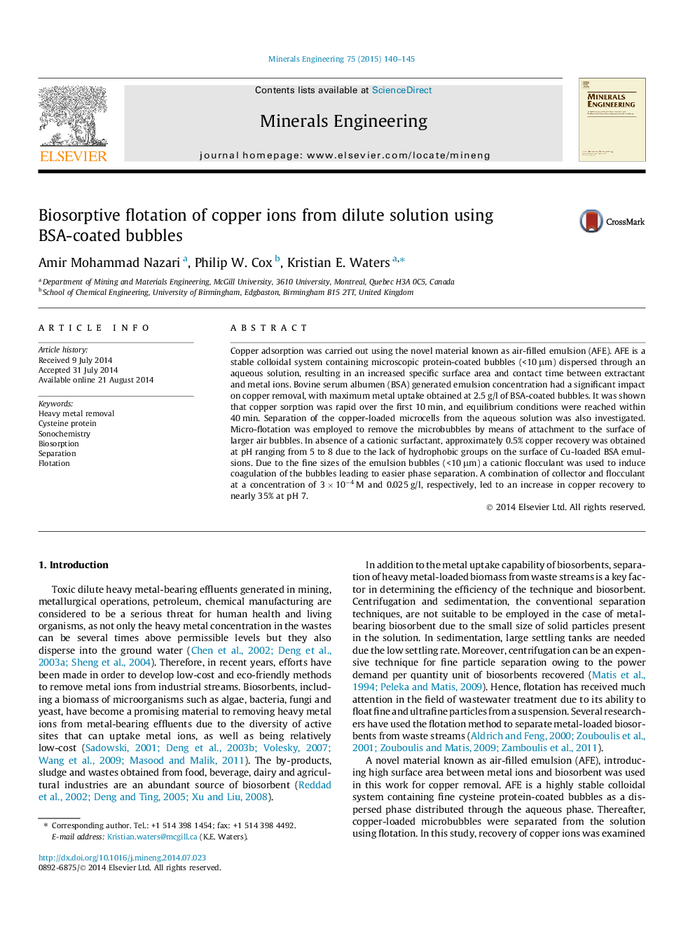 Biosorptive flotation of copper ions from dilute solution using BSA-coated bubbles