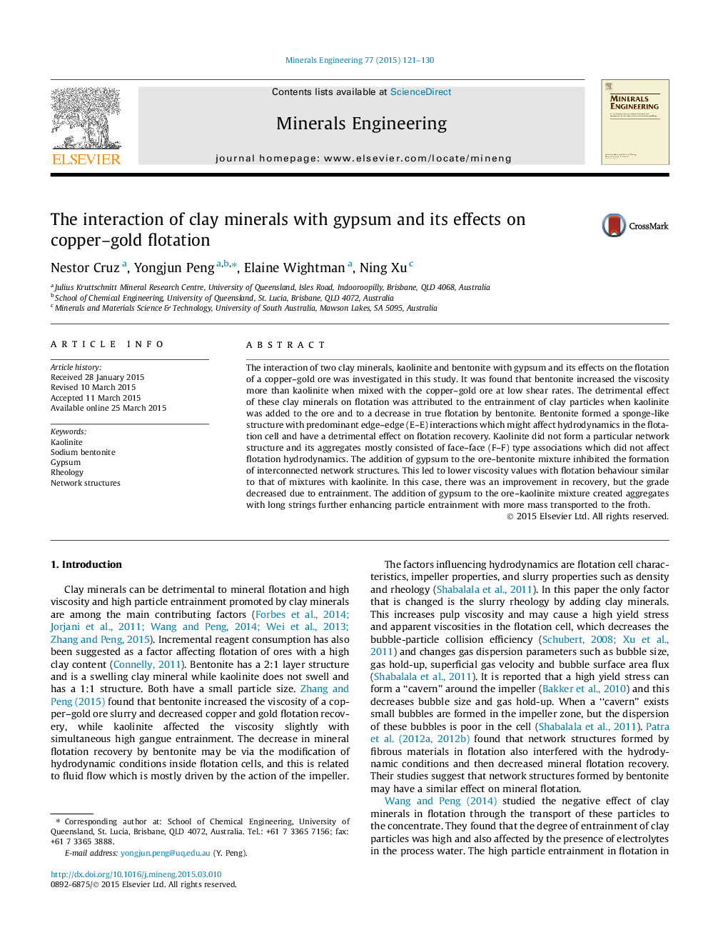 The interaction of clay minerals with gypsum and its effects on copper–gold flotation