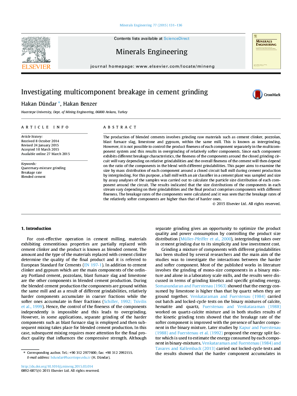 Investigating multicomponent breakage in cement grinding
