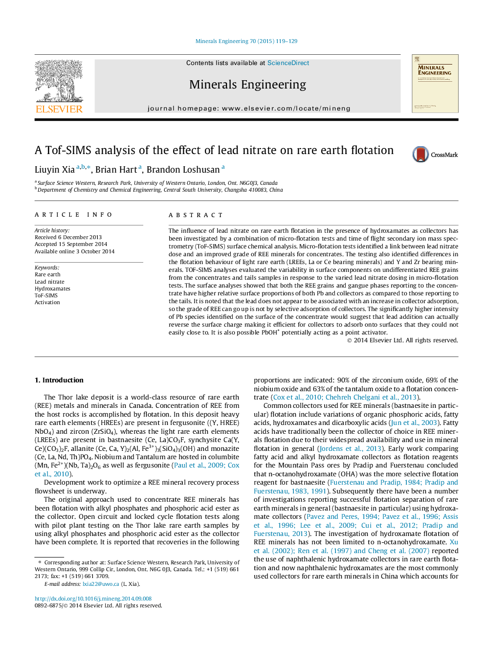 A Tof-SIMS analysis of the effect of lead nitrate on rare earth flotation