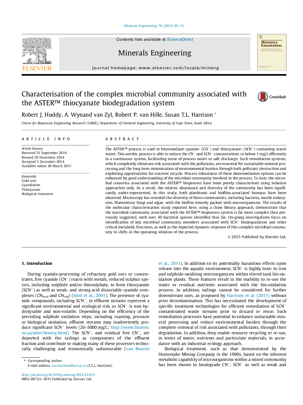 Characterisation of the complex microbial community associated with the ASTER™ thiocyanate biodegradation system