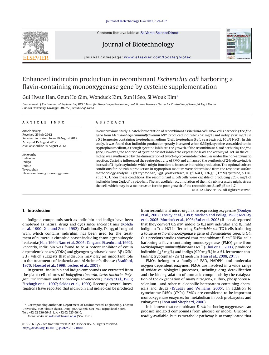 Enhanced indirubin production in recombinant Escherichia coli harboring a flavin-containing monooxygenase gene by cysteine supplementation