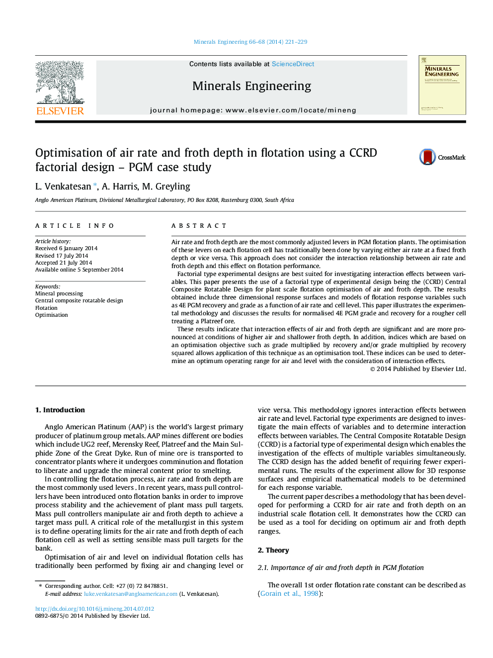 Optimisation of air rate and froth depth in flotation using a CCRD factorial design – PGM case study