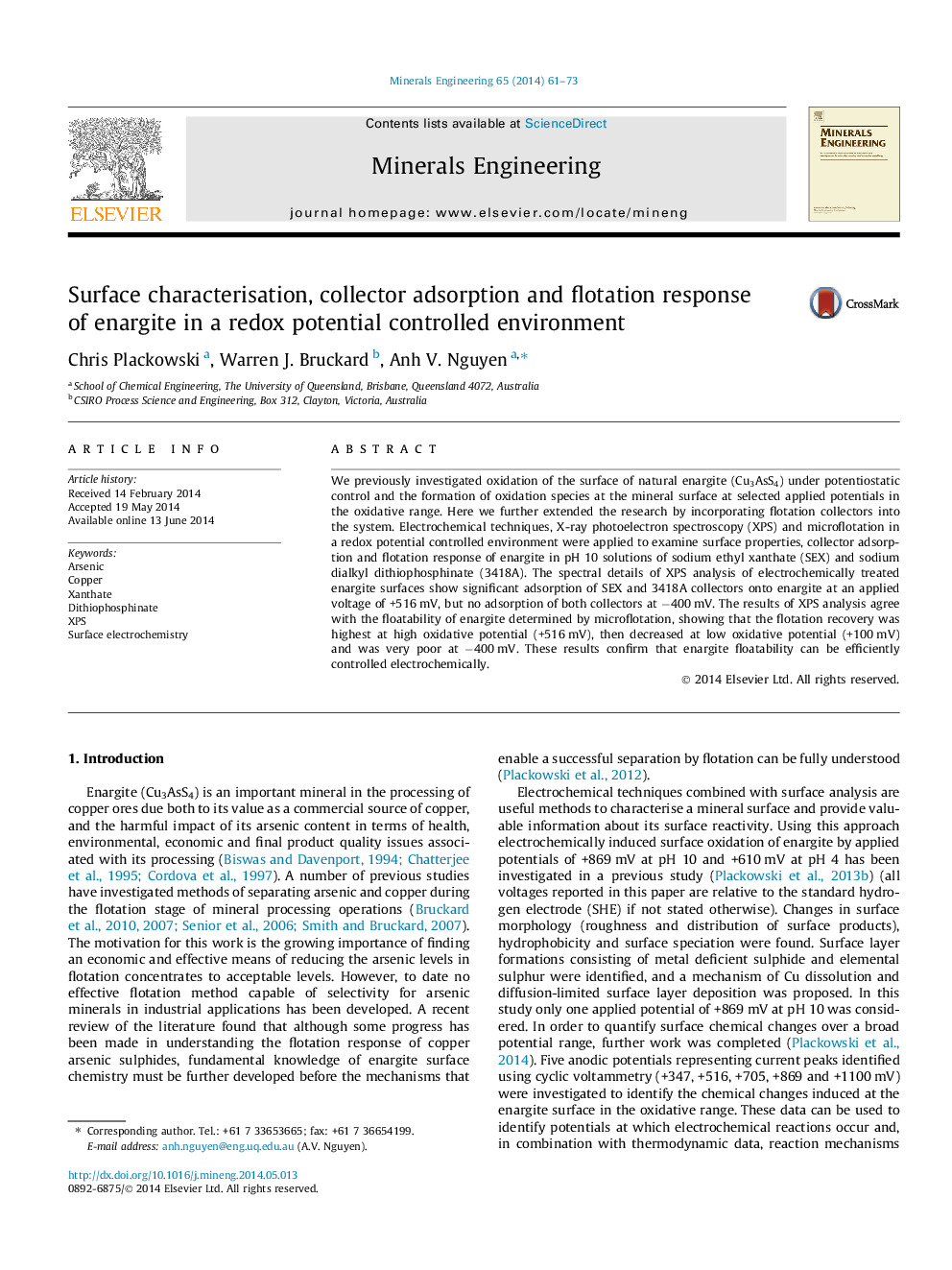 Surface characterisation, collector adsorption and flotation response of enargite in a redox potential controlled environment