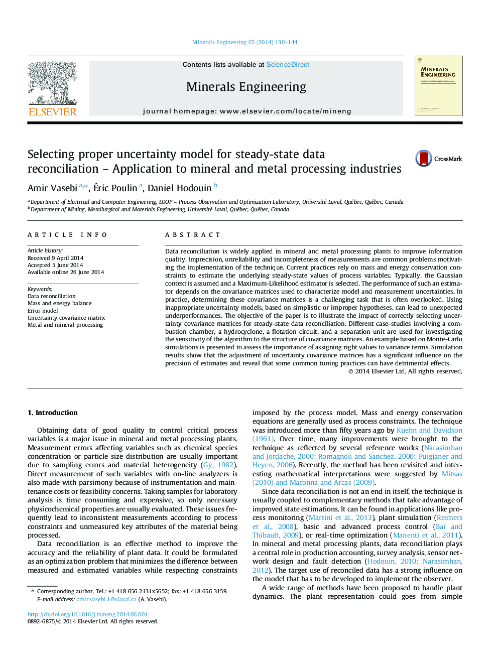 Selecting proper uncertainty model for steady-state data reconciliation – Application to mineral and metal processing industries