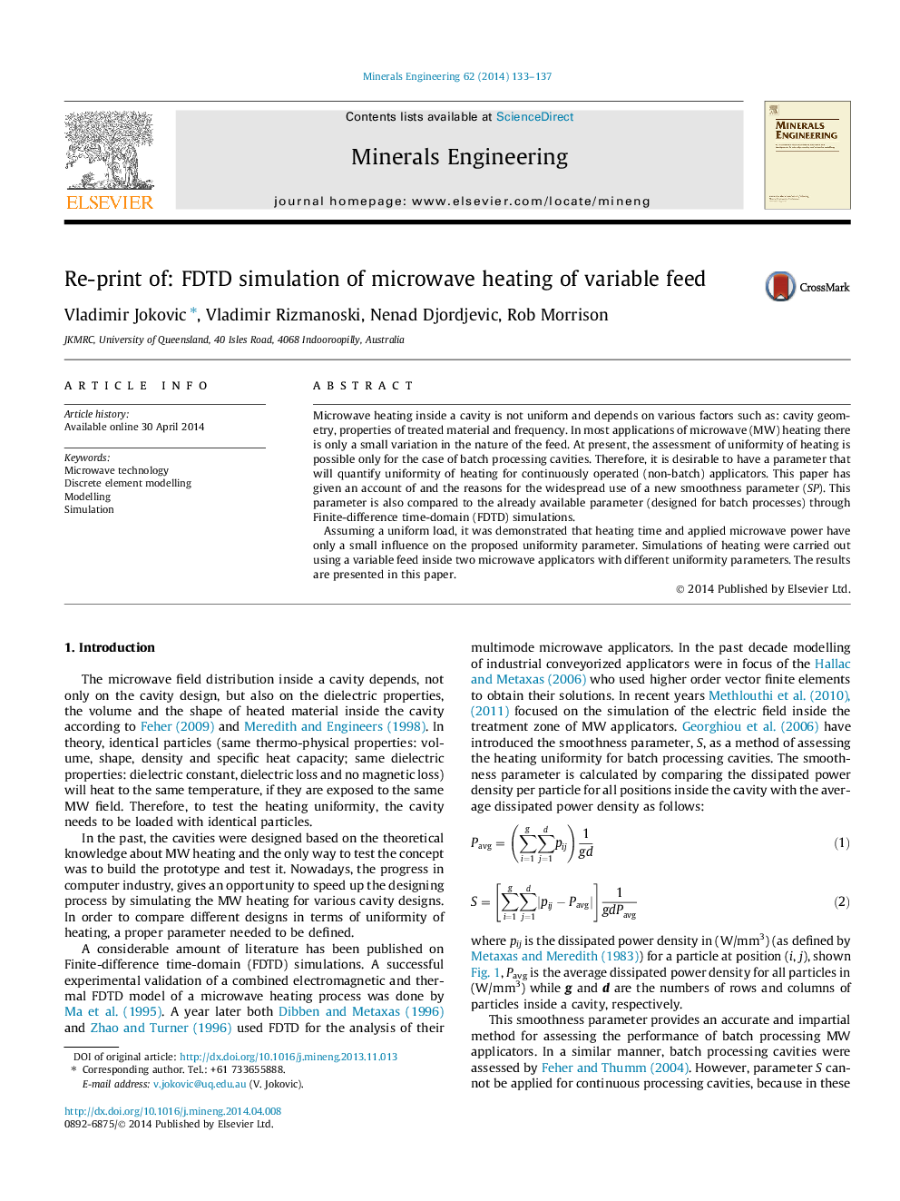 Re-print of: FDTD simulation of microwave heating of variable feed