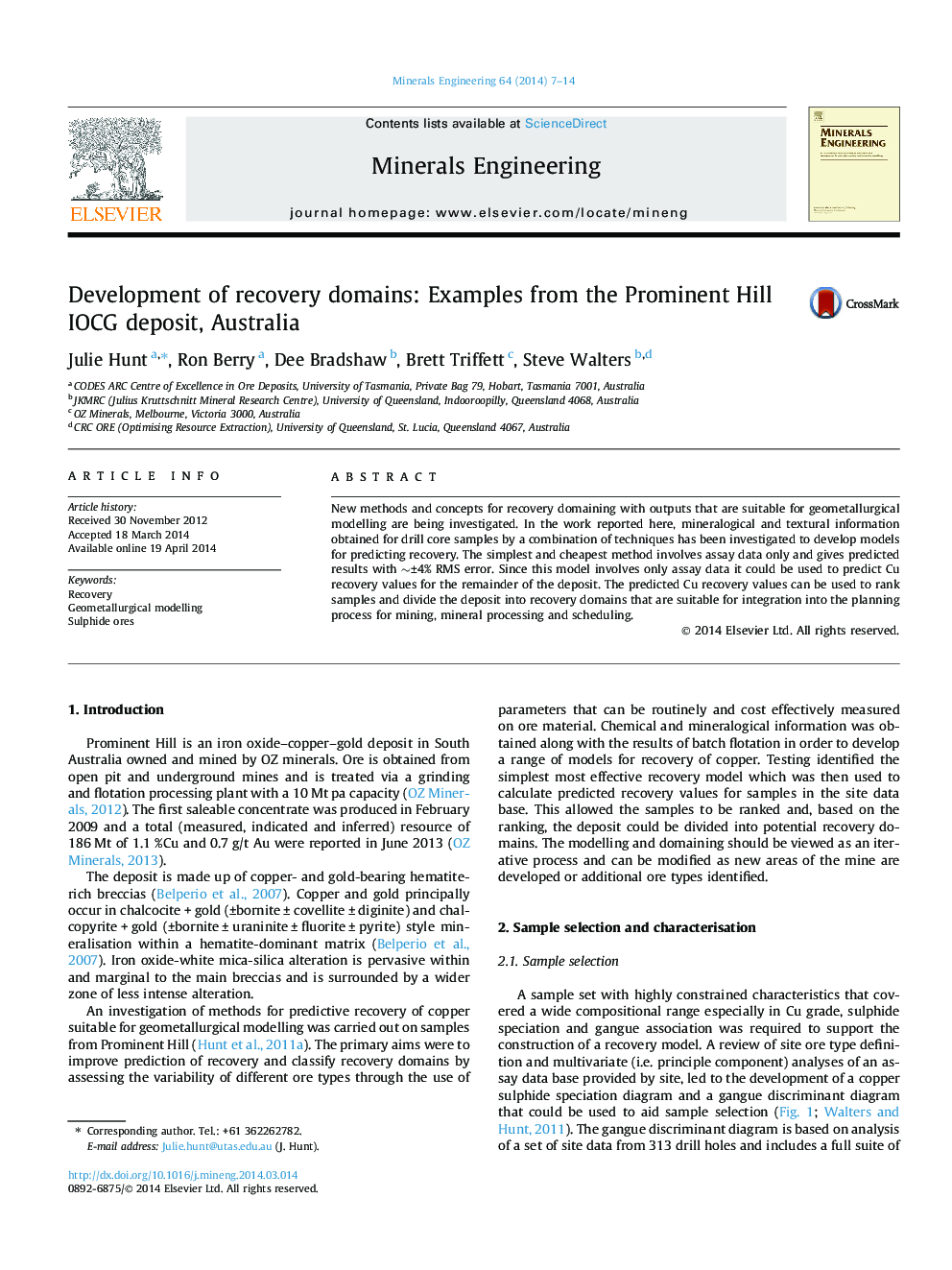 Development of recovery domains: Examples from the Prominent Hill IOCG deposit, Australia