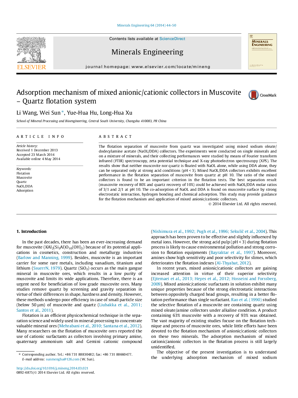 Adsorption mechanism of mixed anionic/cationic collectors in Muscovite – Quartz flotation system