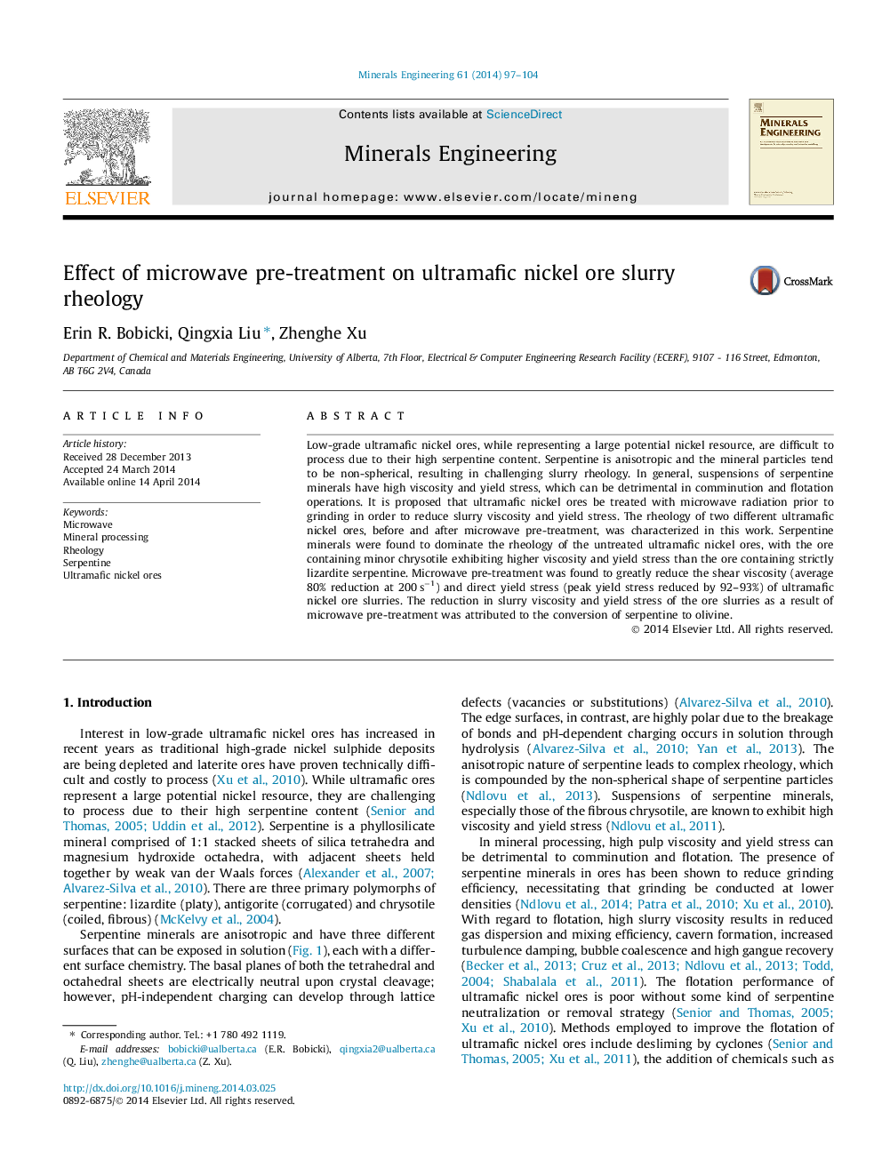 Effect of microwave pre-treatment on ultramafic nickel ore slurry rheology