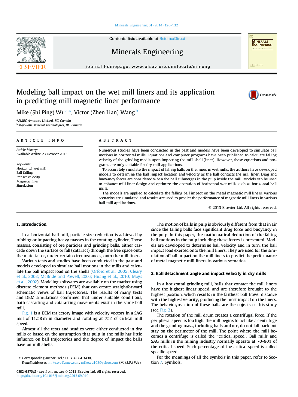 Modeling ball impact on the wet mill liners and its application in predicting mill magnetic liner performance