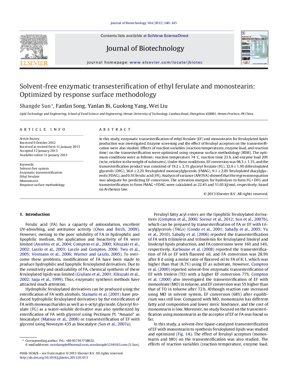 Solvent-free enzymatic transesterification of ethyl ferulate and monostearin: Optimized by response surface methodology