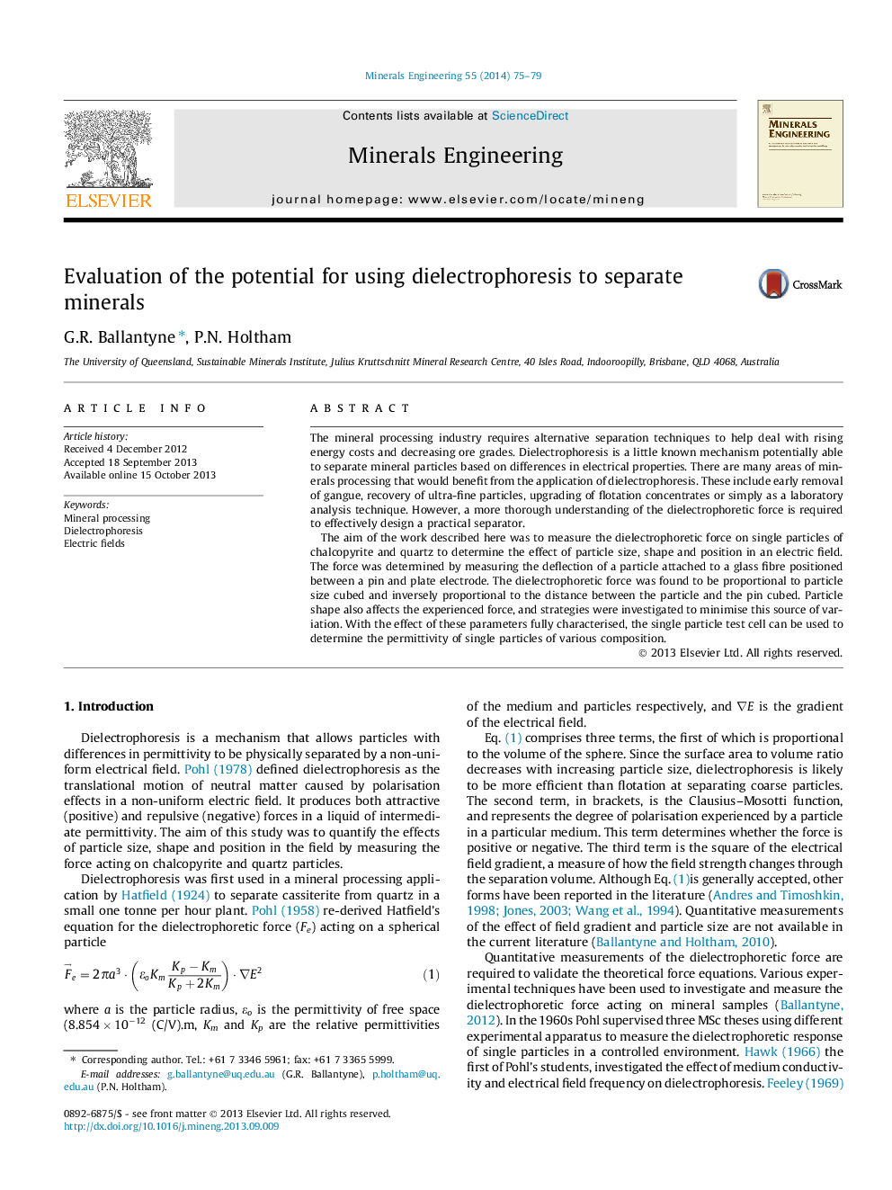 Evaluation of the potential for using dielectrophoresis to separate minerals