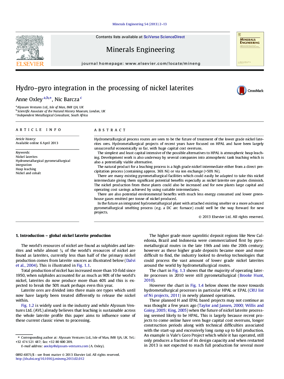 Hydro–pyro integration in the processing of nickel laterites