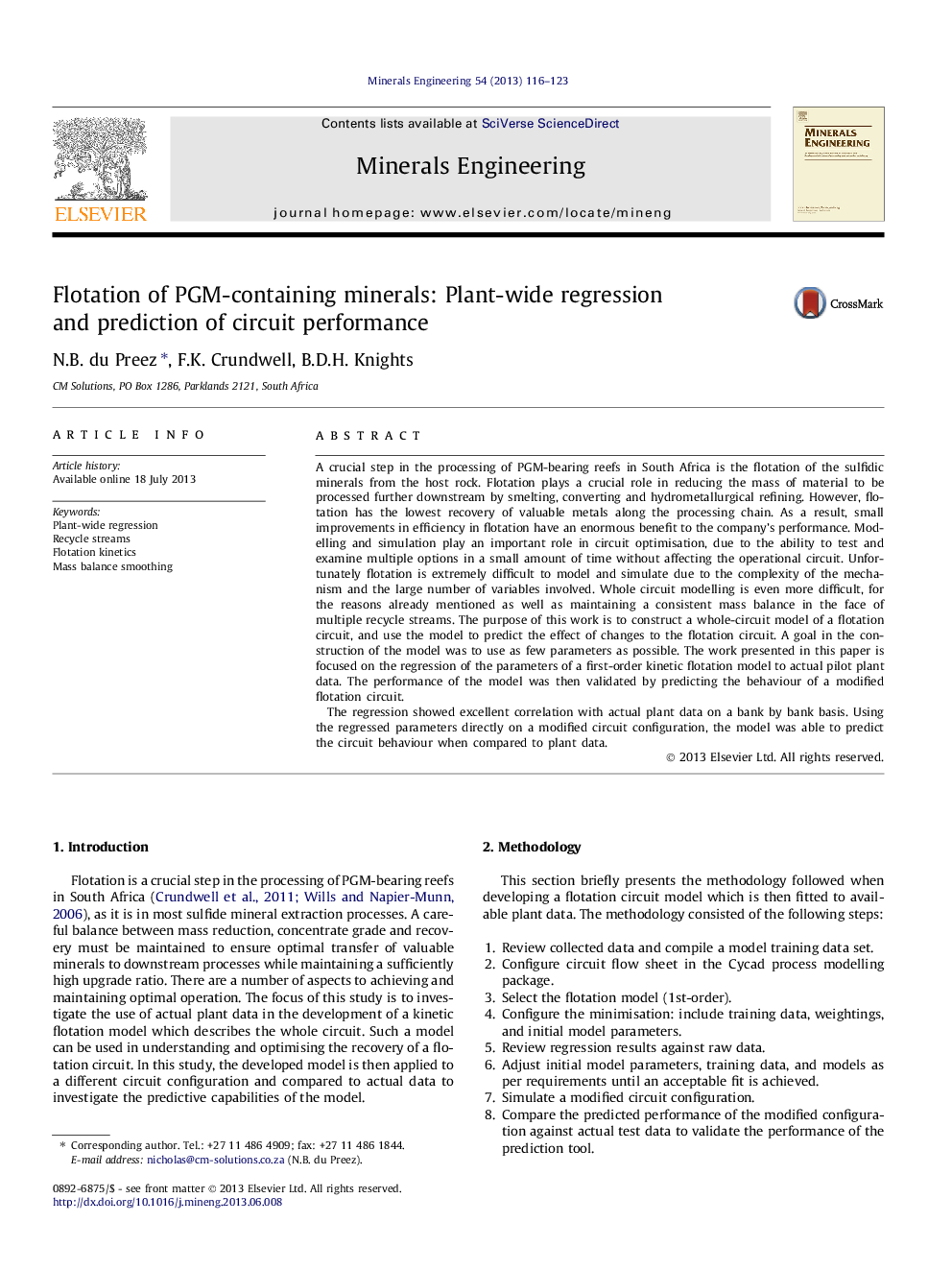 Flotation of PGM-containing minerals: Plant-wide regression and prediction of circuit performance