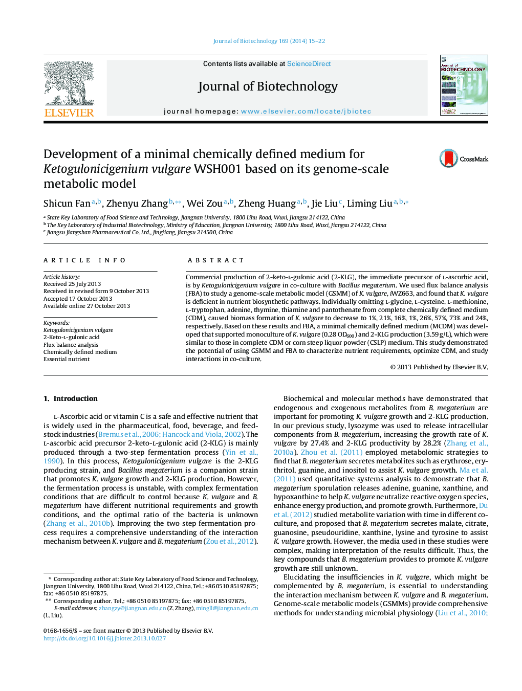 Development of a minimal chemically defined medium for Ketogulonicigenium vulgare WSH001 based on its genome-scale metabolic model