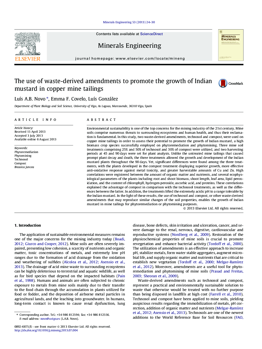 The use of waste-derived amendments to promote the growth of Indian mustard in copper mine tailings