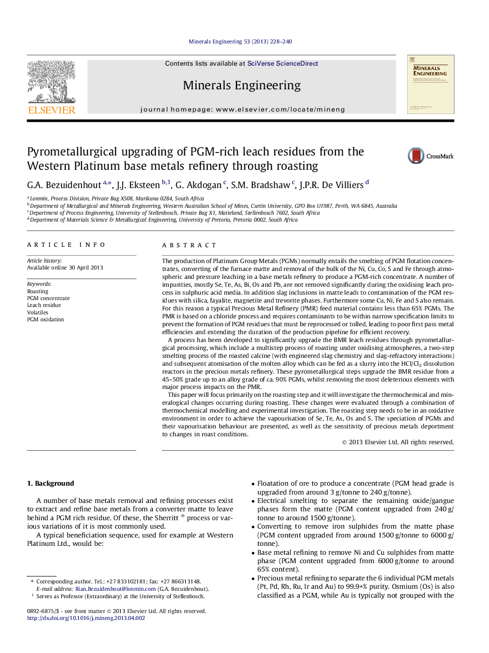 Pyrometallurgical upgrading of PGM-rich leach residues from the Western Platinum base metals refinery through roasting