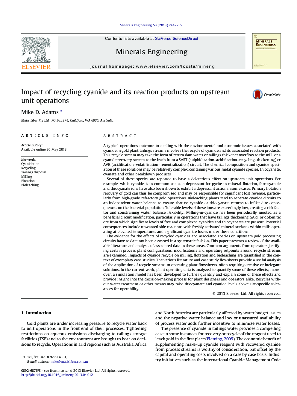 Impact of recycling cyanide and its reaction products on upstream unit operations