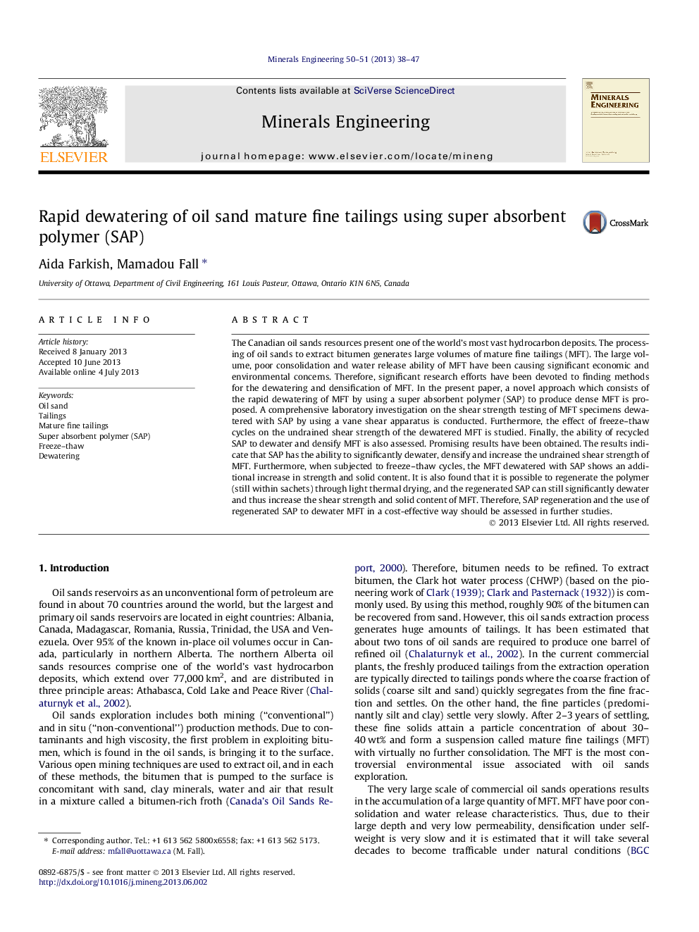 Rapid dewatering of oil sand mature fine tailings using super absorbent polymer (SAP)