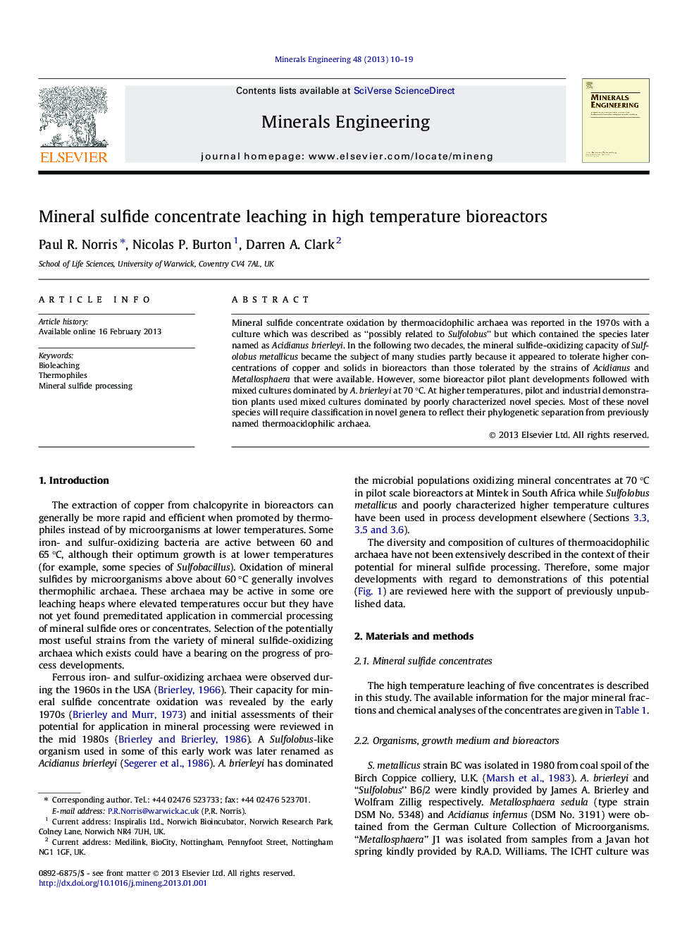 Mineral sulfide concentrate leaching in high temperature bioreactors