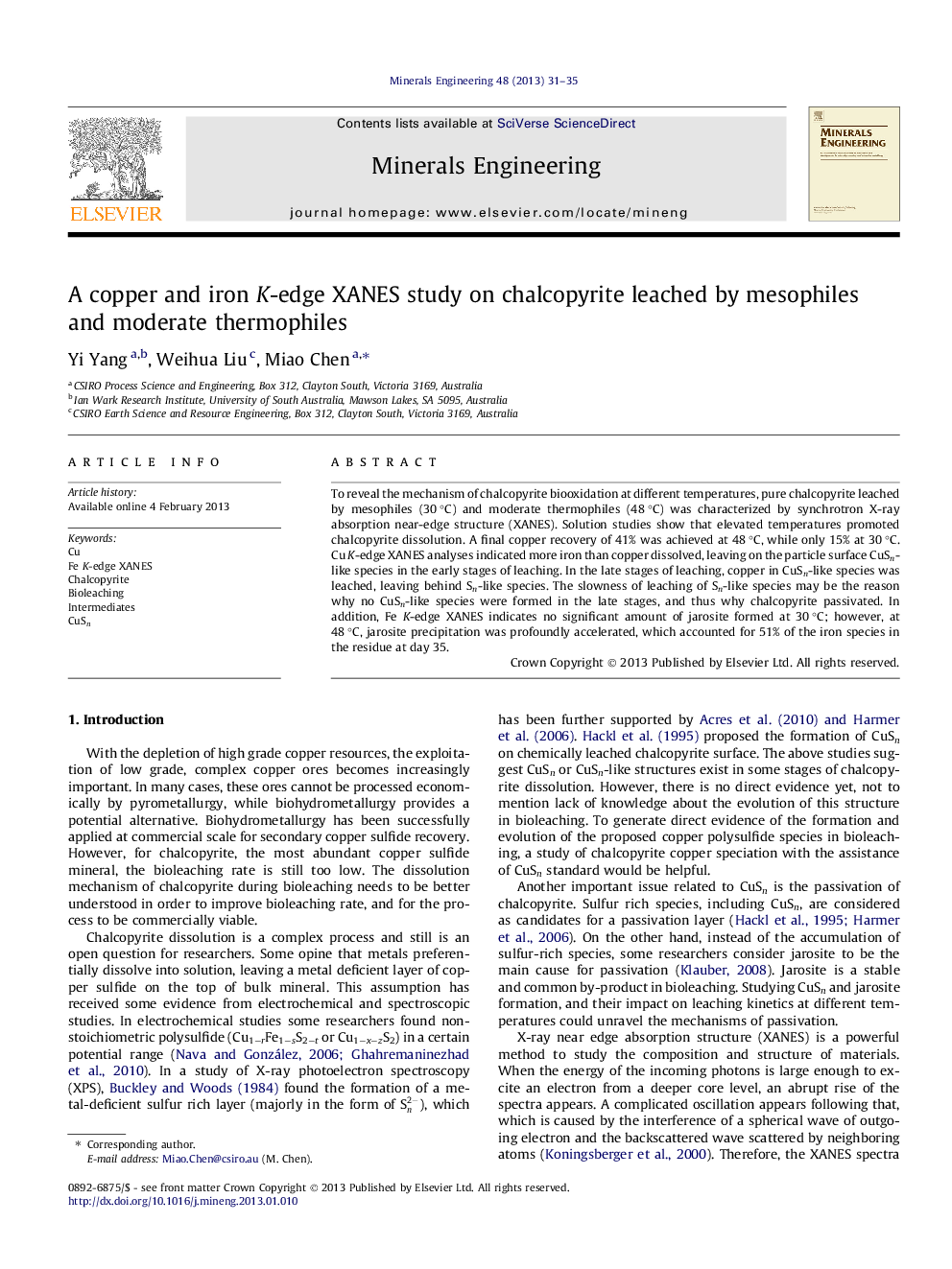 A copper and iron K-edge XANES study on chalcopyrite leached by mesophiles and moderate thermophiles