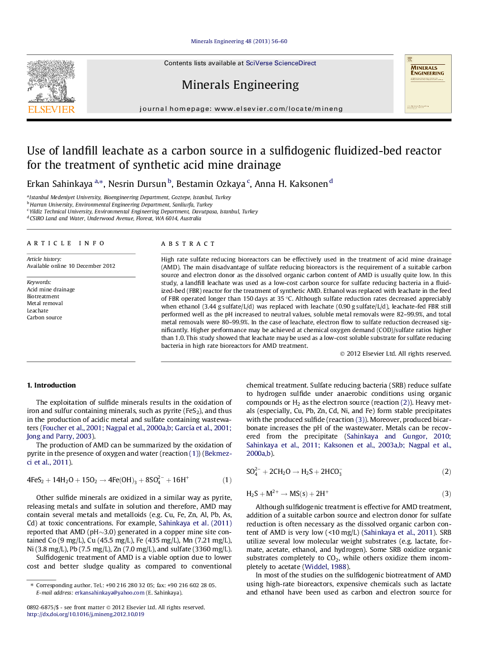 Use of landfill leachate as a carbon source in a sulfidogenic fluidized-bed reactor for the treatment of synthetic acid mine drainage