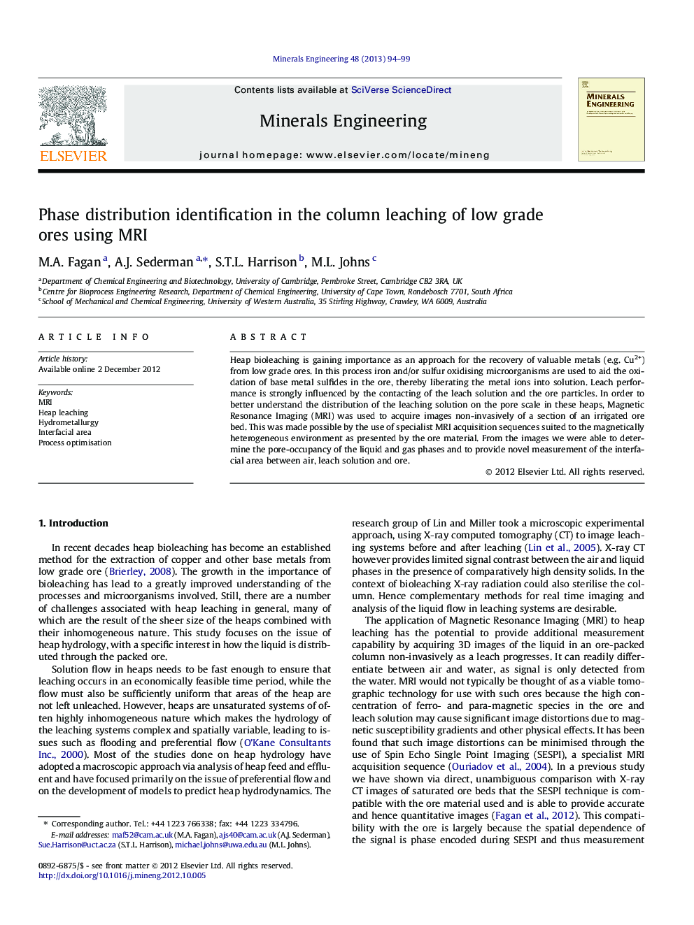 Phase distribution identification in the column leaching of low grade ores using MRI