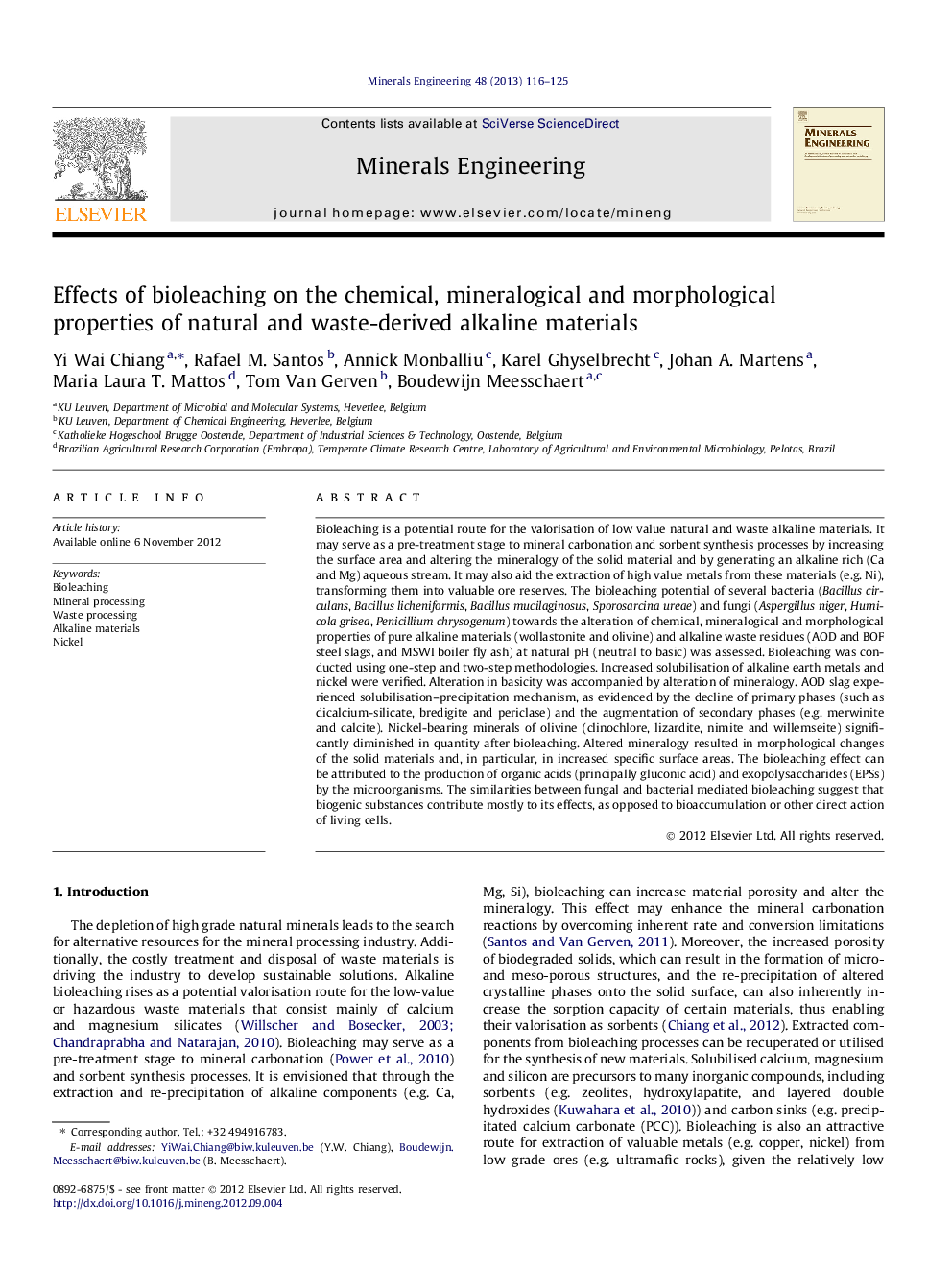 Effects of bioleaching on the chemical, mineralogical and morphological properties of natural and waste-derived alkaline materials