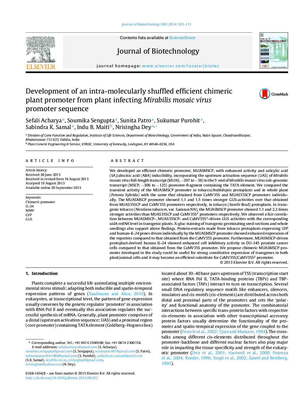 عکس صفحه اول مقاله: Development of an intra-molecularly shuffled efficient chimeric plant promoter from plant infecting Mirabilis mosaic virus promoter sequence Development of an intra-molecularly shuffled efficient chimeric plant promoter from plant infecting Mirabilis mosaic virus promoter sequence