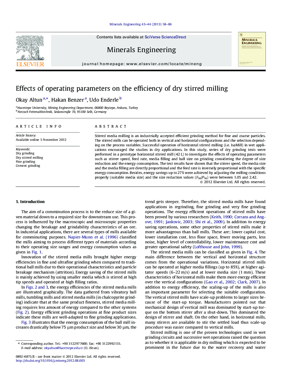 Effects of operating parameters on the efficiency of dry stirred milling