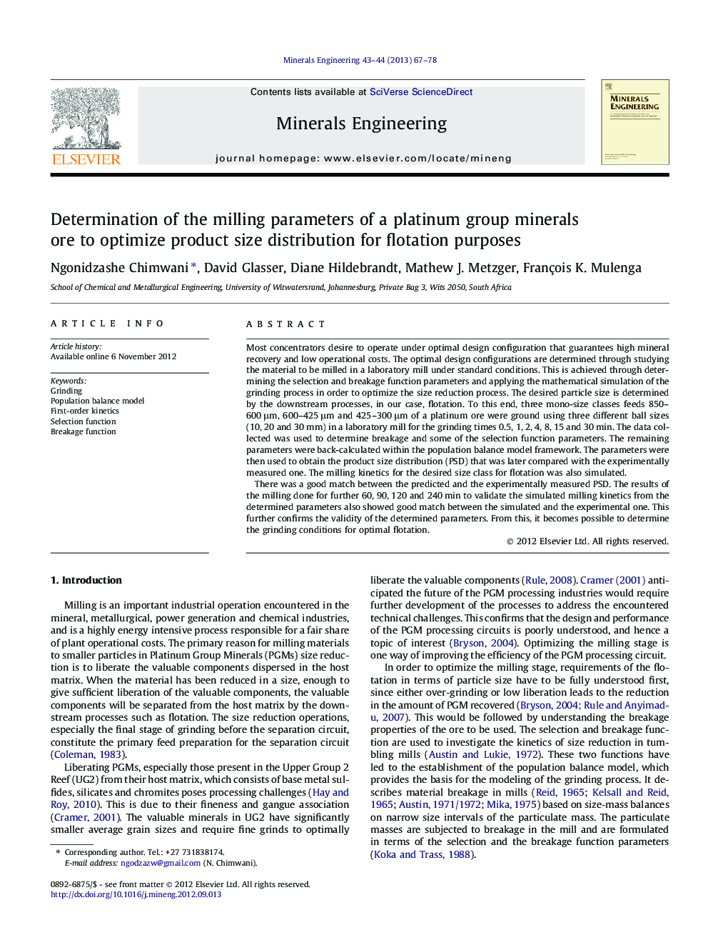 Determination of the milling parameters of a platinum group minerals ore to optimize product size distribution for flotation purposes