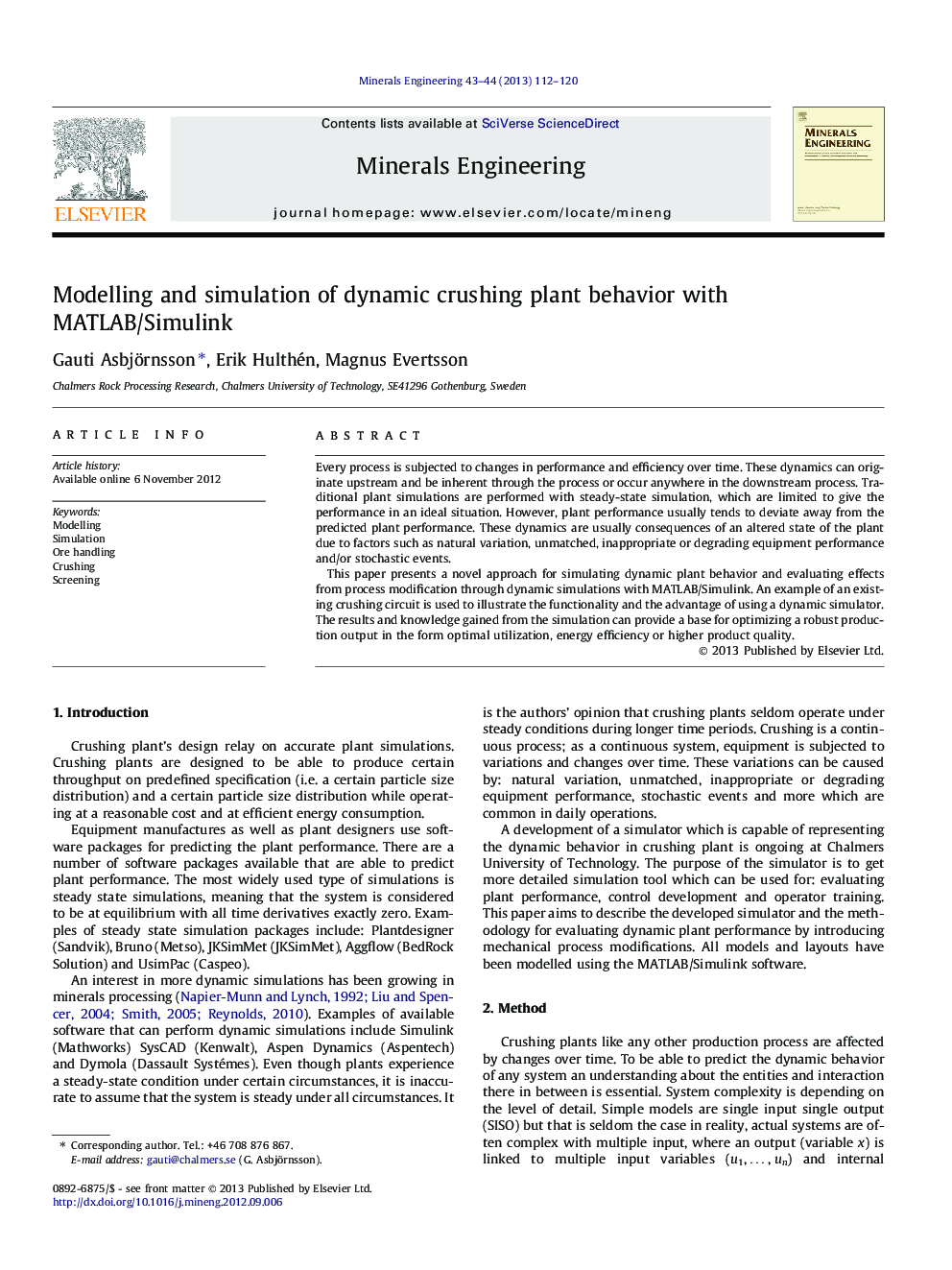 Modelling and simulation of dynamic crushing plant behavior with MATLAB/Simulink