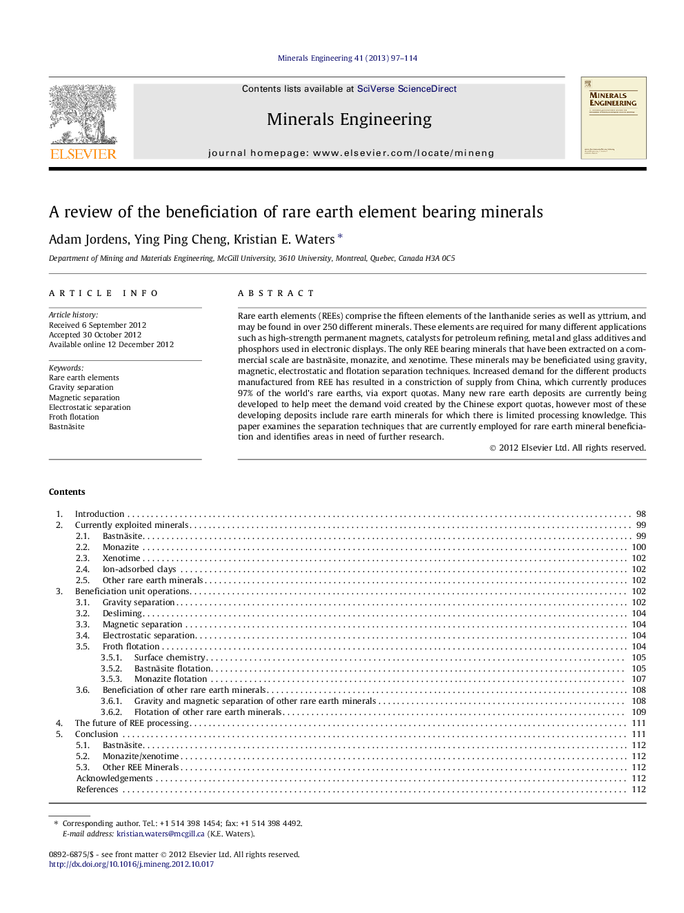 A review of the beneficiation of rare earth element bearing minerals