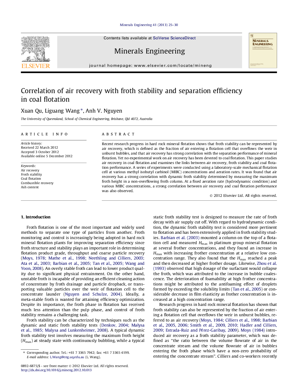 Correlation of air recovery with froth stability and separation efficiency in coal flotation