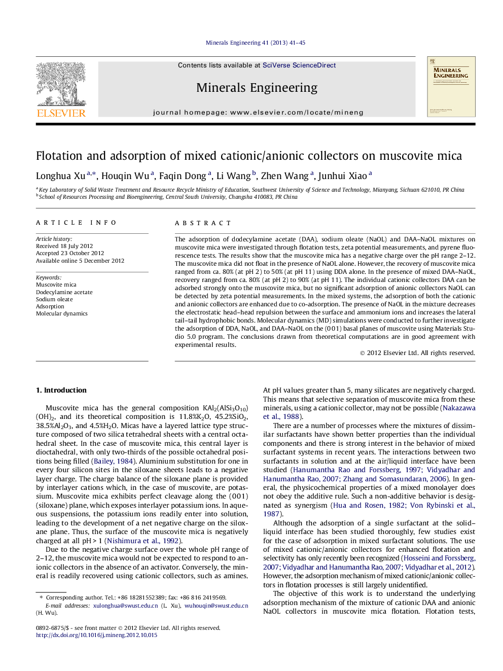 Flotation and adsorption of mixed cationic/anionic collectors on muscovite mica