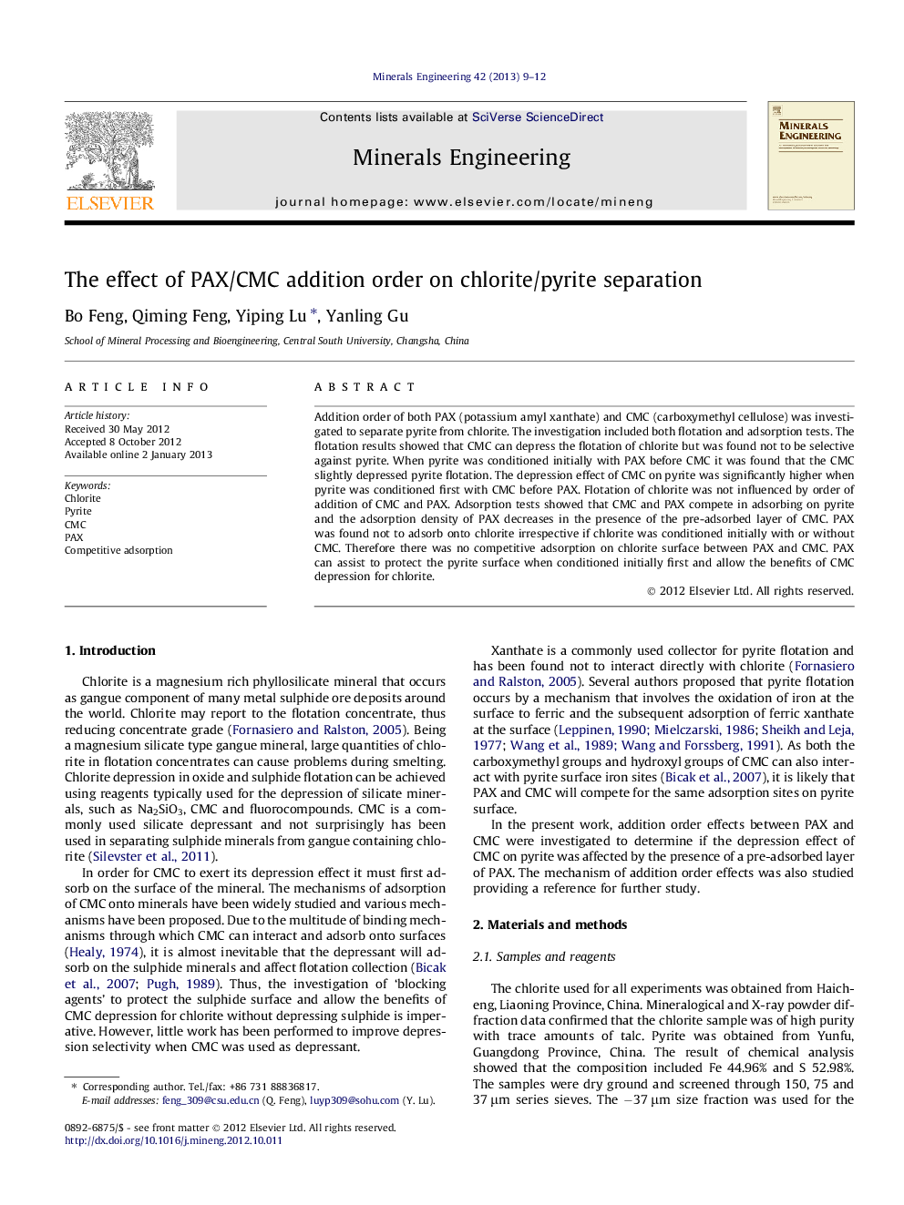 عکس صفحه اول مقاله: The effect of PAX/CMC addition order on chlorite/pyrite separation The effect of PAX/CMC addition order on chlorite/pyrite separation
