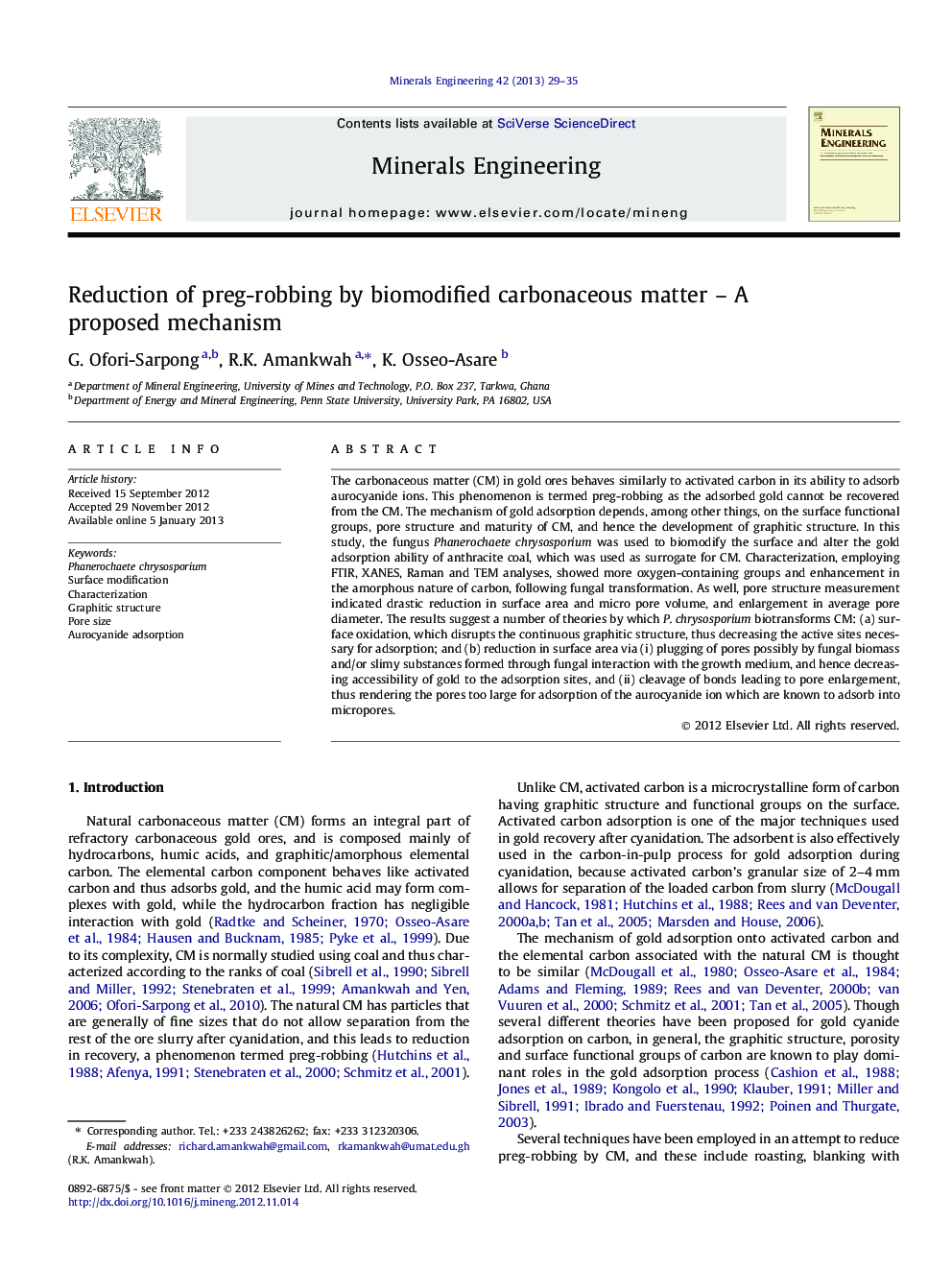 Reduction of preg-robbing by biomodified carbonaceous matter – A proposed mechanism