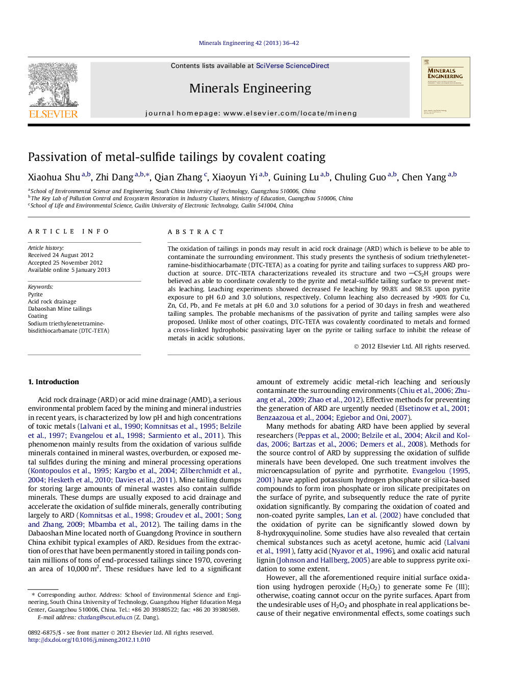 Passivation of metal-sulfide tailings by covalent coating