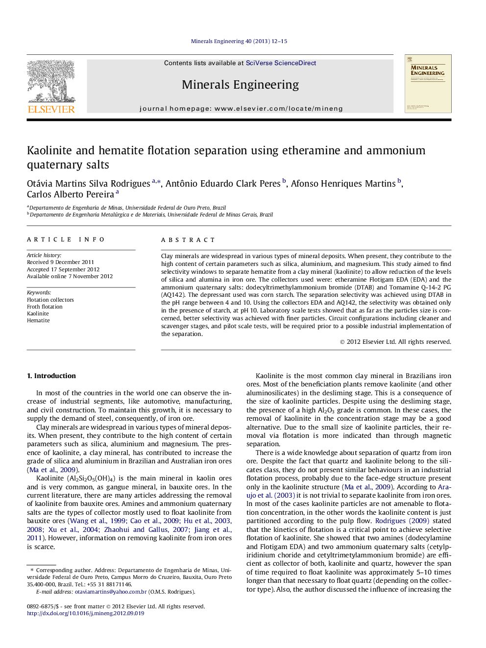 Kaolinite and hematite flotation separation using etheramine and ammonium quaternary salts