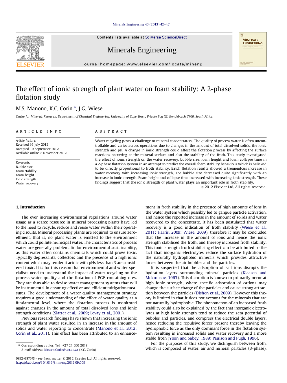 عکس صفحه اول مقاله: The effect of ionic strength of plant water on foam stability: A 2-phase flotation study The effect of ionic strength of plant water on foam stability: A 2-phase flotation study